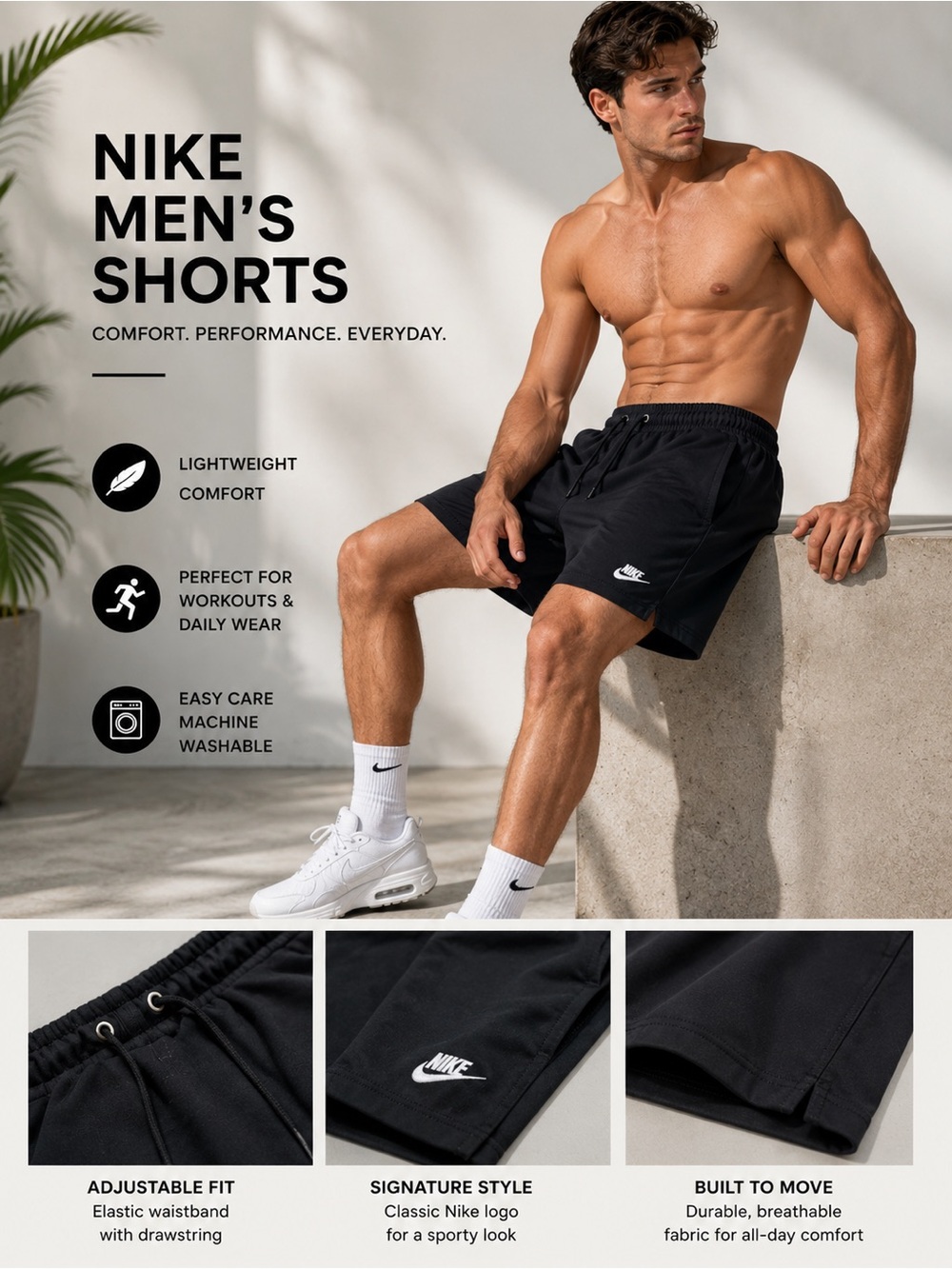 Nike Men’s Black Athletic Shorts with White Logo